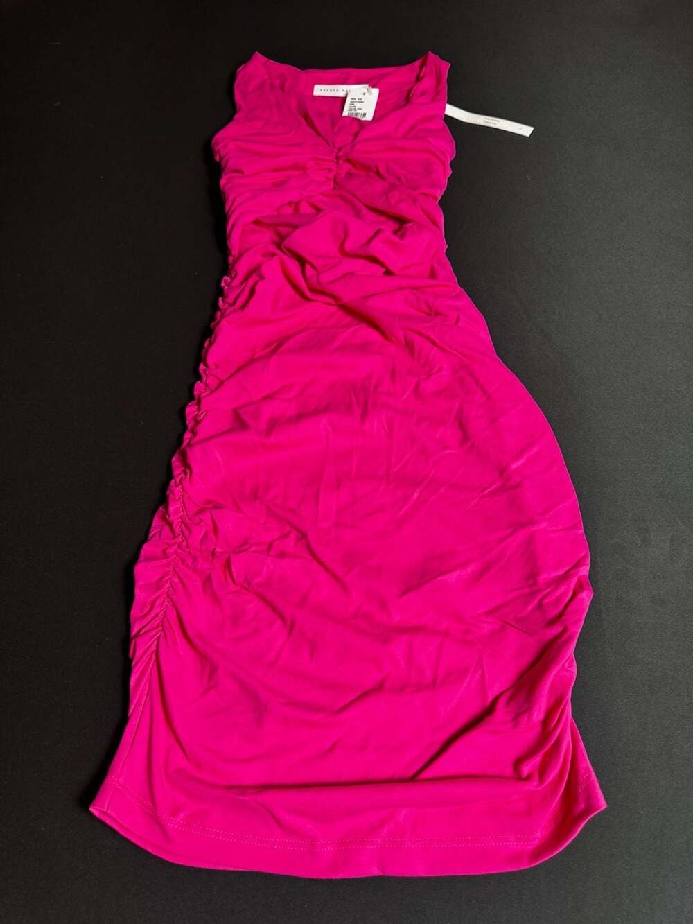 Susana Monaco Ruched V-Neck Punch Pink Sleeveless Midi Dress - Picture 2 of 9